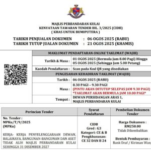 KENYATAAN TAWARAN TENDER BIL. 3/2025 (CIDB) (KHAS UNTUK BUMIPUTERA)
